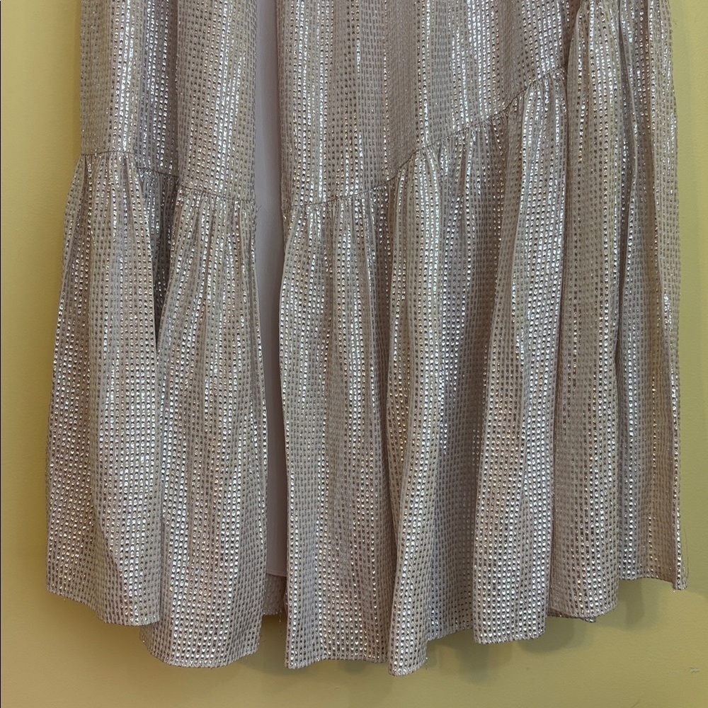 Ramy Brook | Luxe Jessie Pink Shimmer Metallic Split Front Ruffle Maxi Skirt 2 - Picture 7 of 17